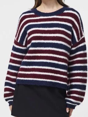 French Connection Burgundy, Navy & White Striped Crewneck Sweater